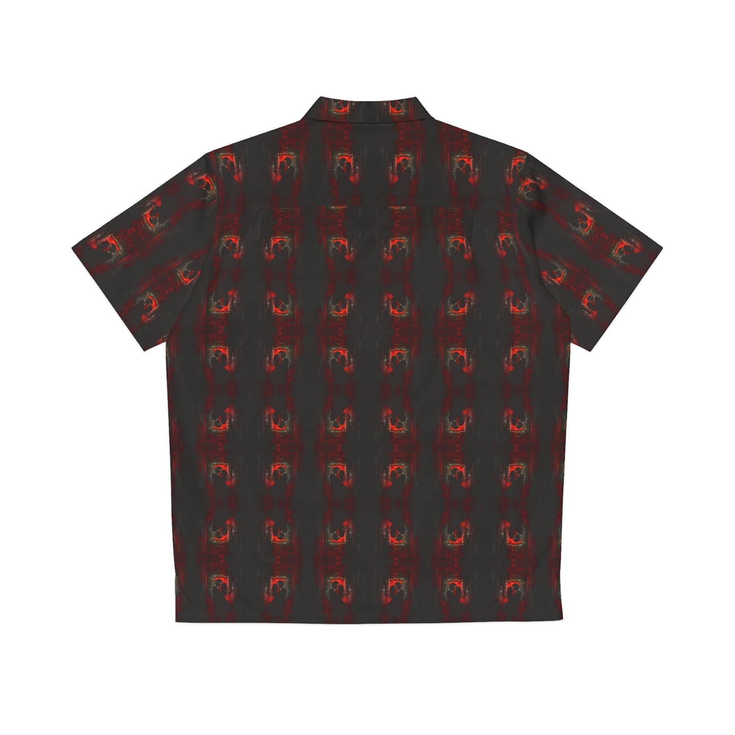 "Eternal Romance" men's Hawaiian shirt with vampire lovers embrace graphic in monster aloha pattern; back view; flat lay.