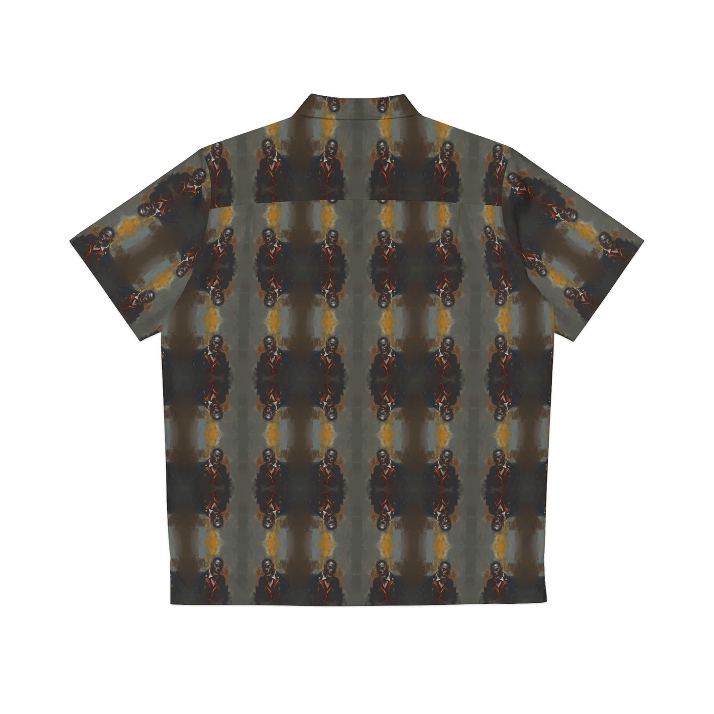 "Savage Dracula" men's Hawaiian shirt with vicious black vampire graphic in monster aloha pattern; back view; flat lay.