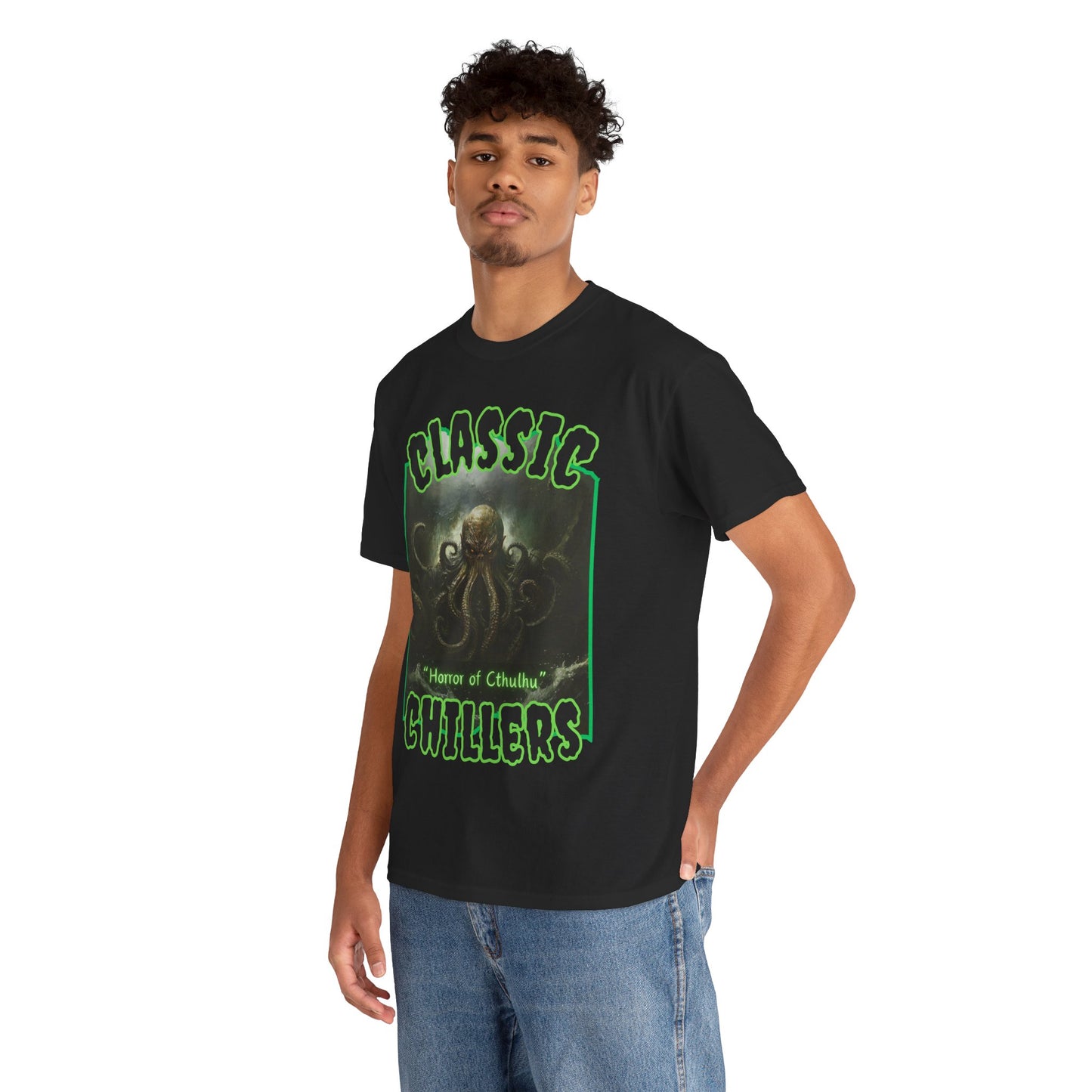 "Horror of Cthulhu" Big Men's Old-School Heavy Cotton Tee in Black