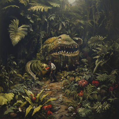  "Baby Garden" Shows large man eating plant, baby plant and man in a tropical garden.
