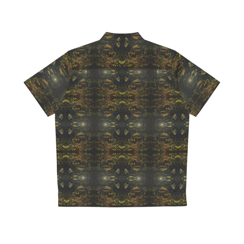 "Baby Garden" men's Hawaiian shirt with man eating plant graphic in monster aloha pattern; back view; flat lay.
