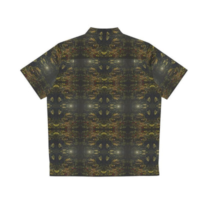 "Baby Garden" men's Hawaiian shirt with man eating plant graphic in monster aloha pattern; back view; flat lay.
