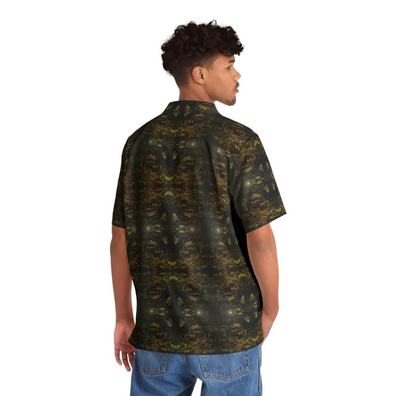 "Baby Garden" men's Hawaiian shirt with man eating plant graphic in monster aloha pattern; back view; on model.