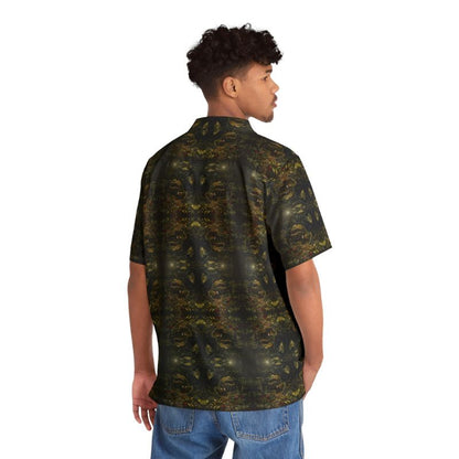 "Baby Garden" men's Hawaiian shirt with man eating plant graphic in monster aloha pattern; back view; on model.