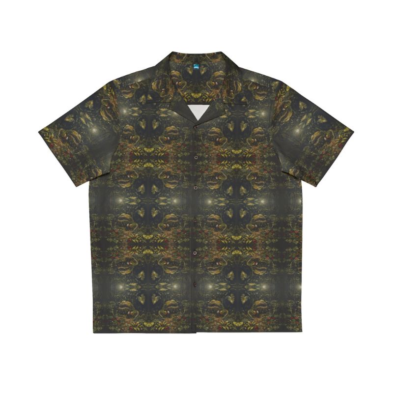 "Baby Garden" men's Hawaiian shirt with man eating plant graphic in monster aloha pattern; front view; flat lay.
