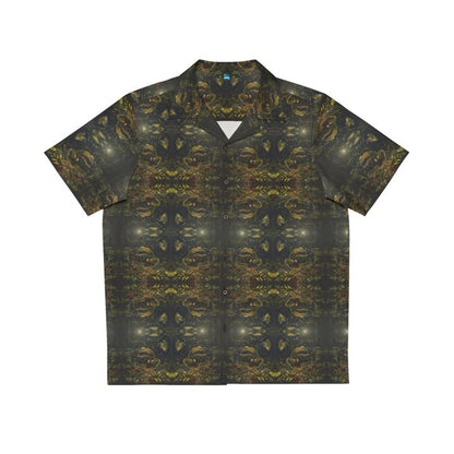 "Baby Garden" men's Hawaiian shirt with man eating plant graphic in monster aloha pattern; front view; flat lay.
