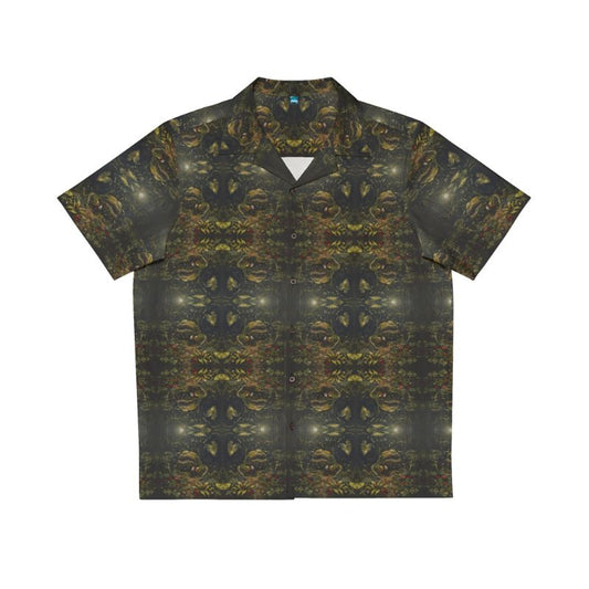 "Baby Garden" men's Hawaiian shirt with man eating plant graphic in monster aloha pattern; front view; flat lay.
