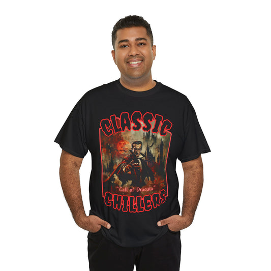 "The Call of Dracula" black t-shirt with vampire and castle graphic and classic chillers logo; front view; on model.
