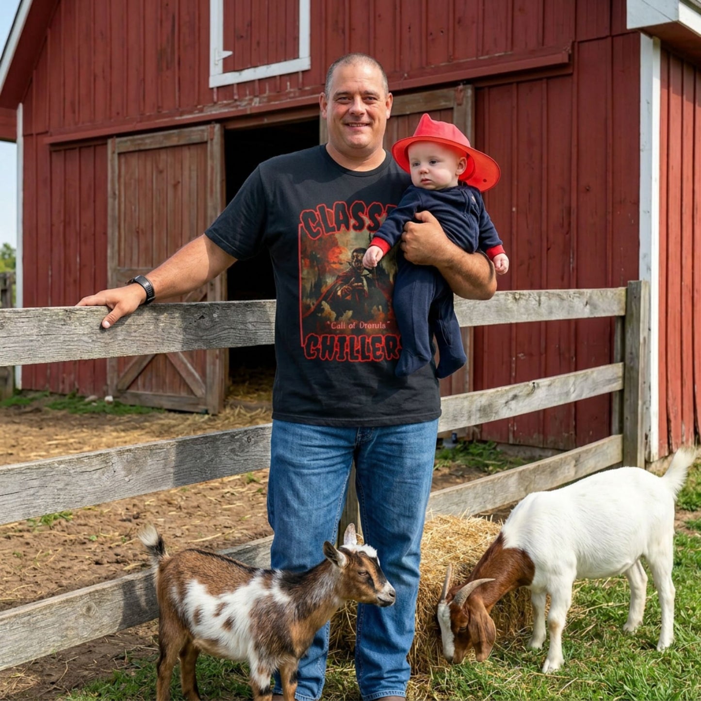 "The Call of Dracula" black t-shirt with vampire and castle graphic and classic chillers logo; front view; on model with baby and goats in front of red barn.
