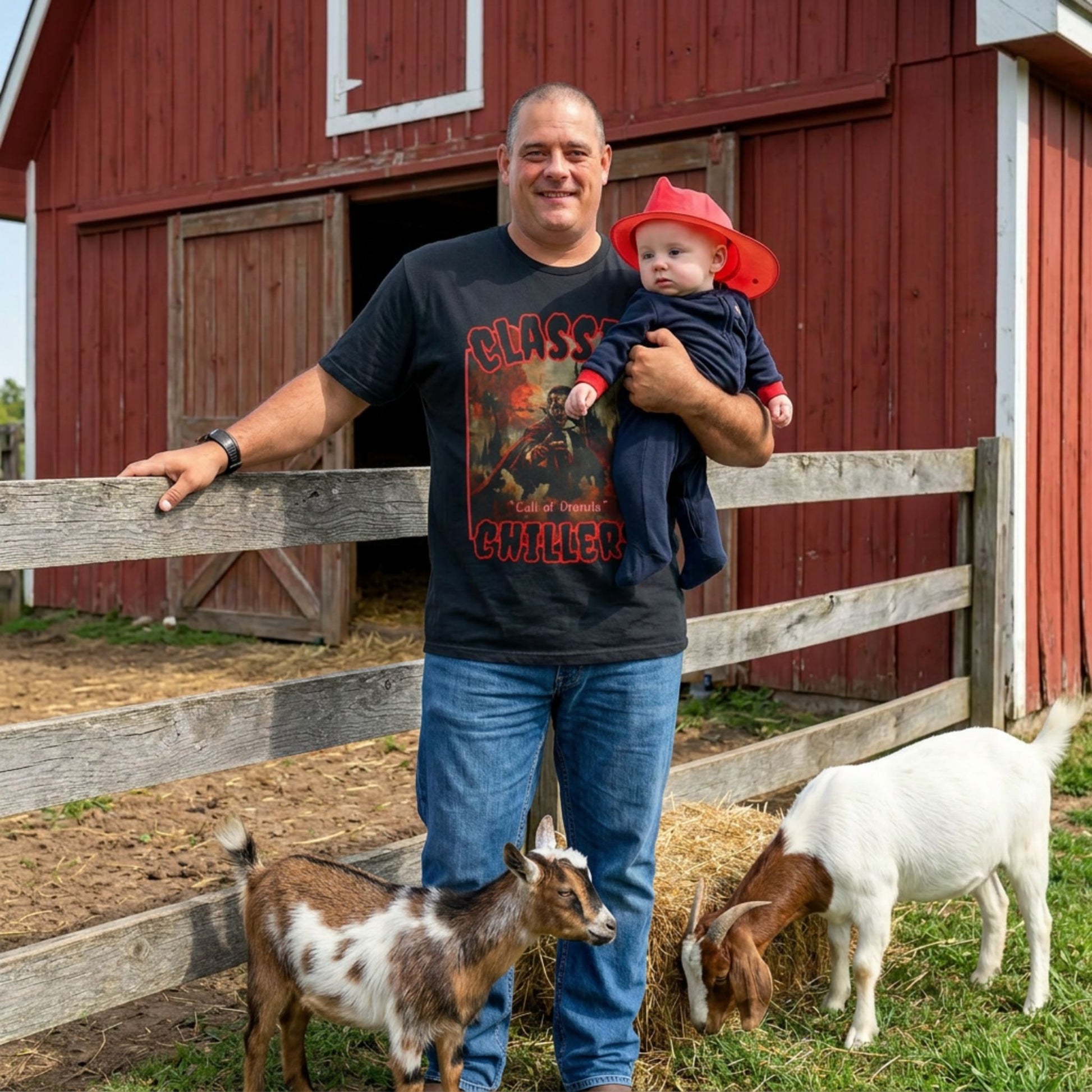 "The Call of Dracula" black t-shirt with vampire and castle graphic and classic chillers logo; front view; on model with baby and goats in front of red barn.

