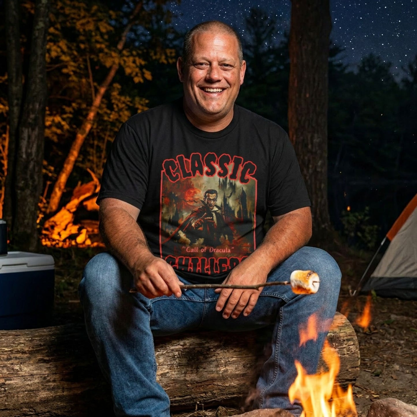 "The Call of Dracula" black t-shirt with vampire and castle graphic and classic chillers logo; front view; on model roasting a marshmallow over a campfire at night.
