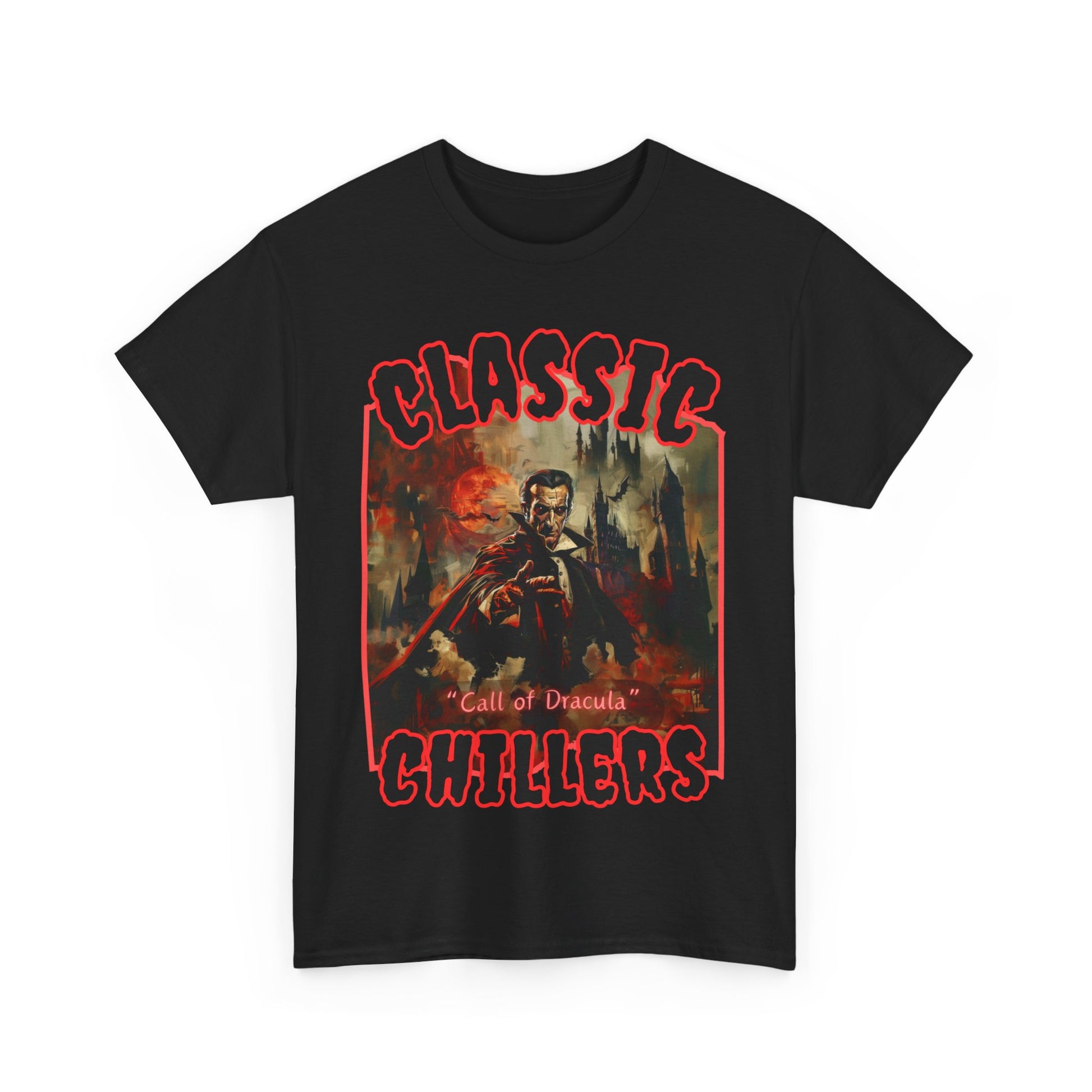 "The Call of Dracula" black t-shirt with vampire and castle graphic and classic chillers logo; front view; flat lay.
