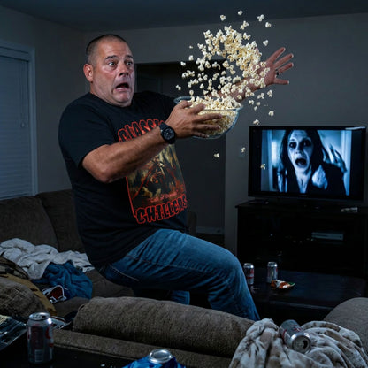 "The Call of Dracula" black t-shirt with vampire and castle graphic and classic chillers logo; three-quarter view; on model startled in a living room throws popcorn into the air with  a TV showing a horror movie
