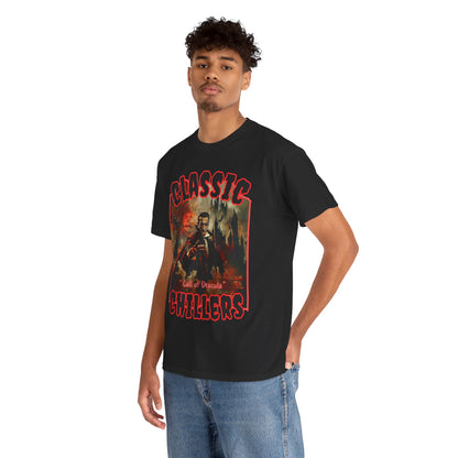"The Call of Dracula" black t-shirt with vampire and castle graphic and classic chillers logo; three-quarter view; on model.

