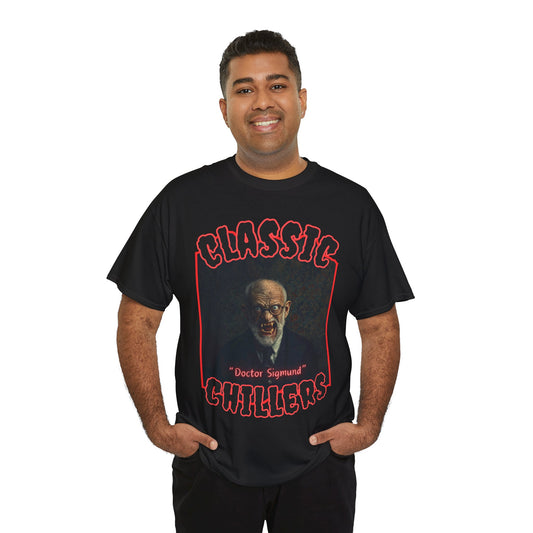 "Doctor Sigmund" black t-shirt with old man vampire in suit graphic and classic chillers logo; front view; on model.