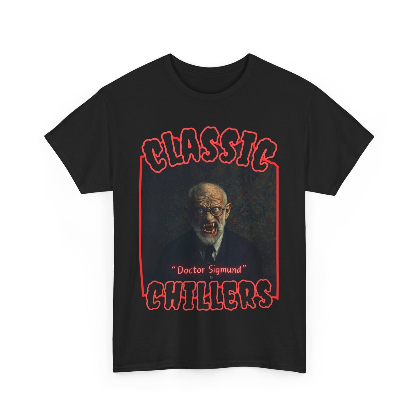 "Doctor Sigmund" black t-shirt with old man vampire in suit graphic and classic chillers logo; front view; flat lay.
