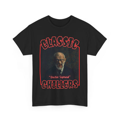 "Doctor Sigmund" black t-shirt with old man vampire in suit graphic and classic chillers logo; front view; flat lay.
