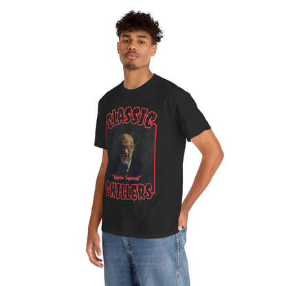 "Doctor Sigmund" black t-shirt with old man vampire in suit graphic and classic chillers logo; three-quarter view; on model.

