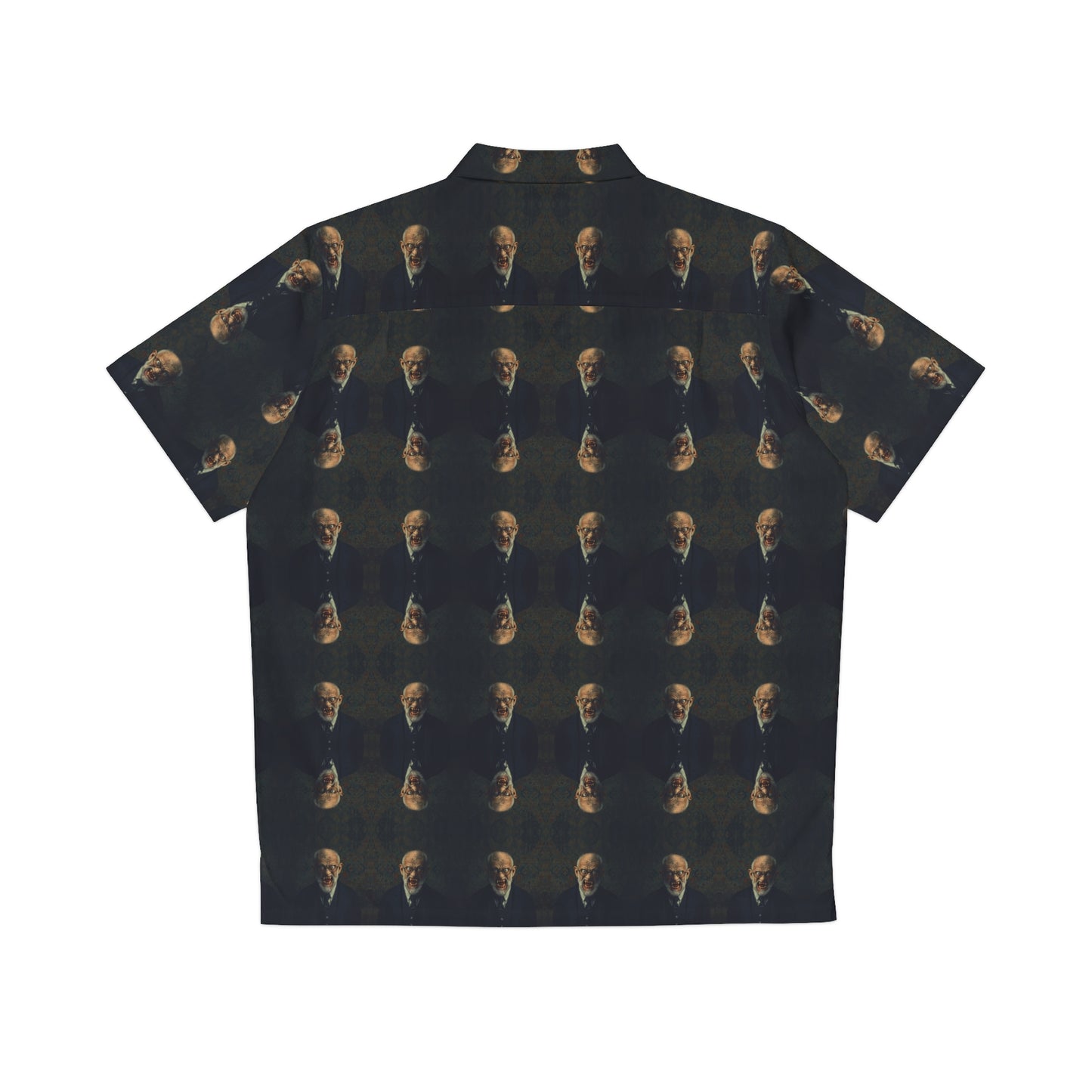 "Doctor Sigmund" men's Hawaiian shirt with old man vampire in suit graphic in monster aloha pattern; back view; flat lay.
