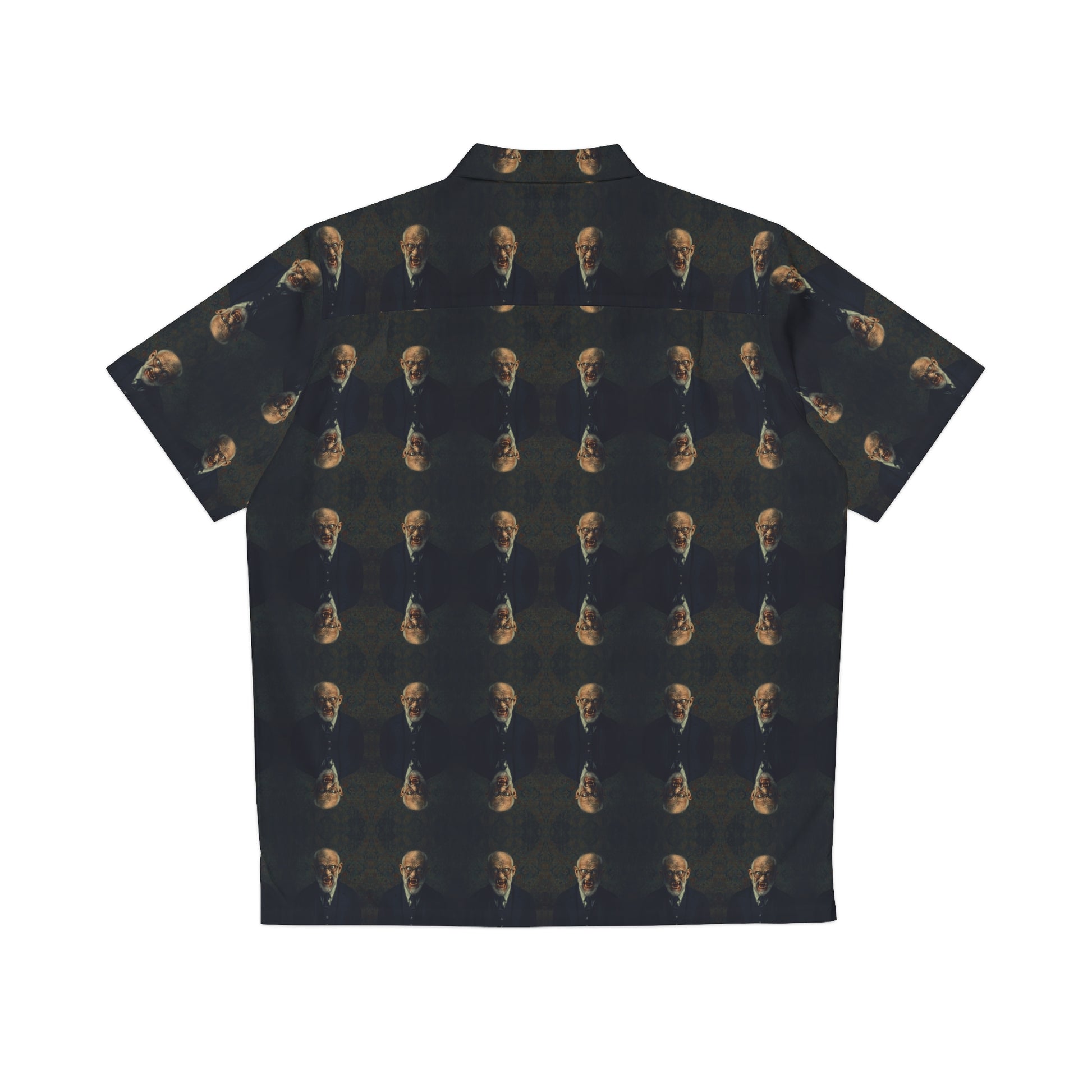 "Doctor Sigmund" men's Hawaiian shirt with old man vampire in suit graphic in monster aloha pattern; back view; flat lay.
