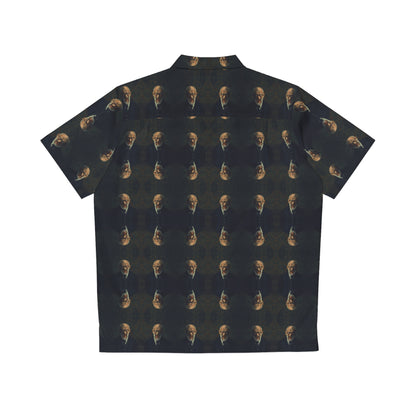 "Doctor Sigmund" men's Hawaiian shirt with old man vampire in suit graphic in monster aloha pattern; back view; flat lay.
