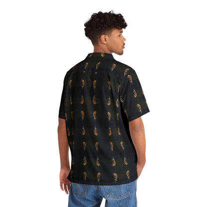 "Doctor Sigmund" men's Hawaiian shirt with old man vampire in suit graphic in monster aloha pattern; back view; on model.
