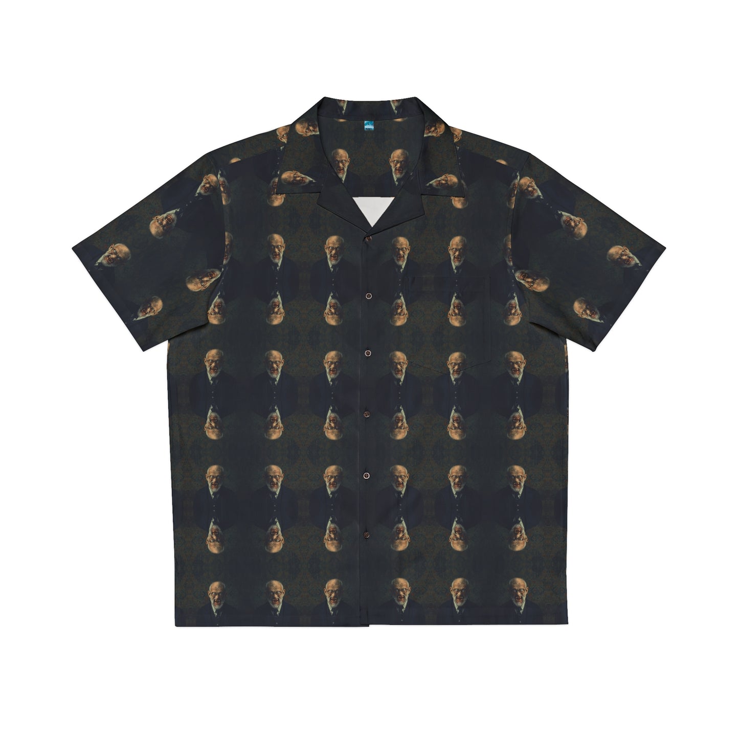 "Doctor Sigmund" men's Hawaiian shirt with old man vampire in suit graphic in monster aloha pattern; front view; flat lay.

