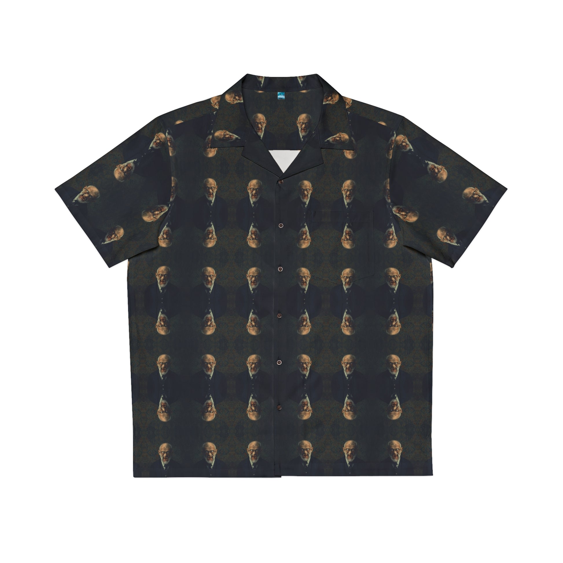 "Doctor Sigmund" men's Hawaiian shirt with old man vampire in suit graphic in monster aloha pattern; front view; flat lay.
