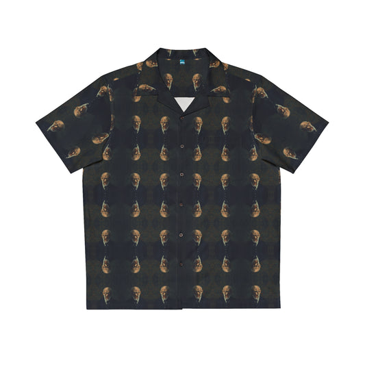 "Doctor Sigmund" men's Hawaiian shirt with old man vampire in suit graphic in monster aloha pattern; front view; flat lay.
