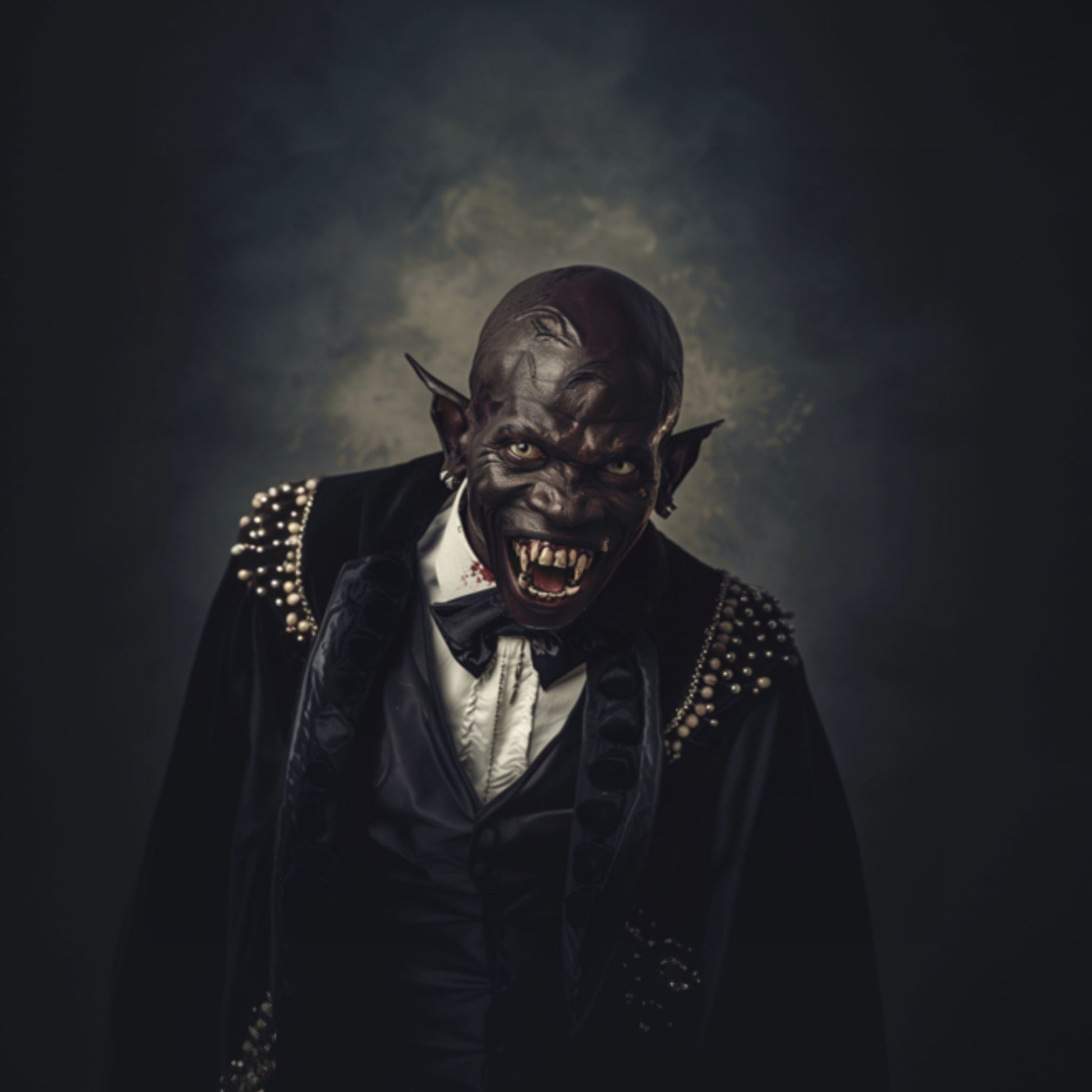 "Dracula Lives" a snarling bald black regal vampire