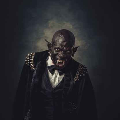 "Dracula Lives" a snarling bald black regal vampire