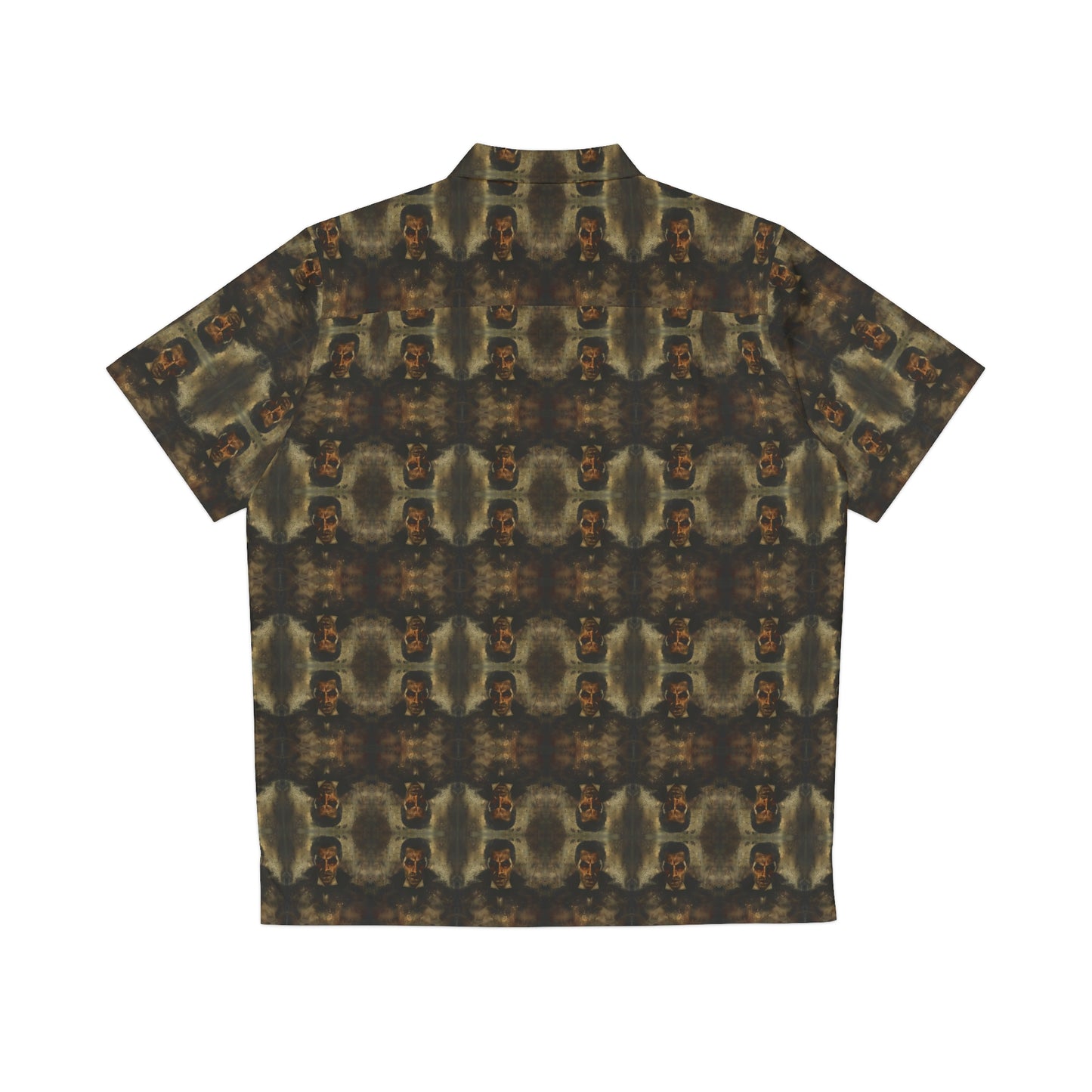 "Dracula" men's Hawaiian shirt with master of vampires graphic in monster aloha pattern; back view; flat lay.
