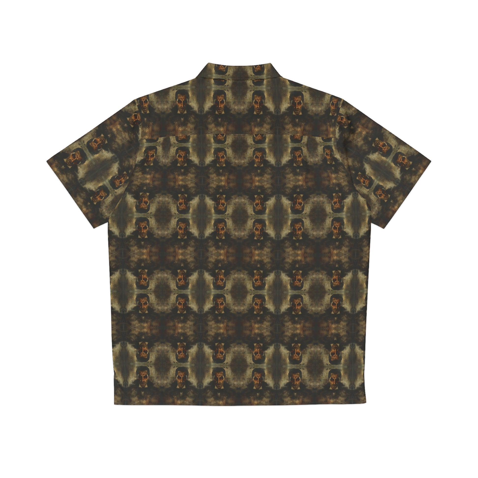 "Dracula" men's Hawaiian shirt with master of vampires graphic in monster aloha pattern; back view; flat lay.

