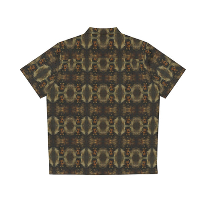 "Dracula" men's Hawaiian shirt with master of vampires graphic in monster aloha pattern; back view; flat lay.
