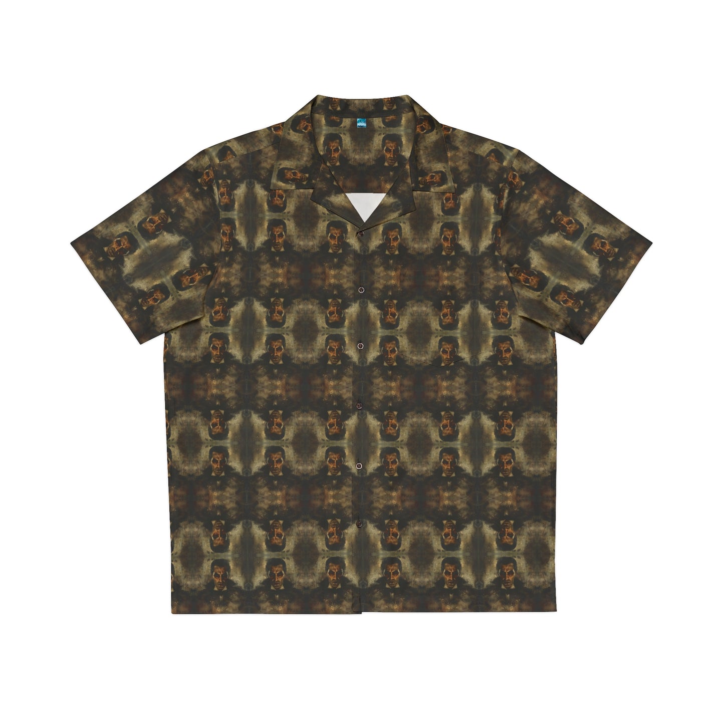 "Dracula" men's Hawaiian shirt with master of vampires graphic in monster aloha pattern; front view; flat lay.
