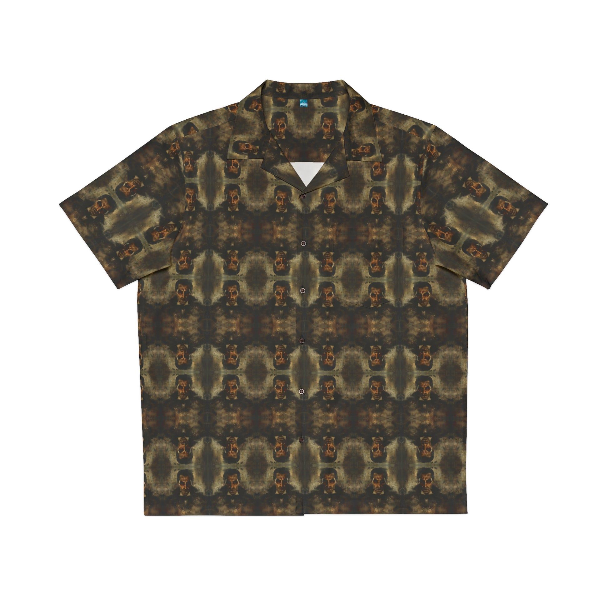 "Dracula" men's Hawaiian shirt with master of vampires graphic in monster aloha pattern; front view; flat lay.
