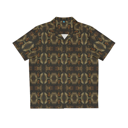 "Dracula" men's Hawaiian shirt with master of vampires graphic in monster aloha pattern; front view; flat lay.
