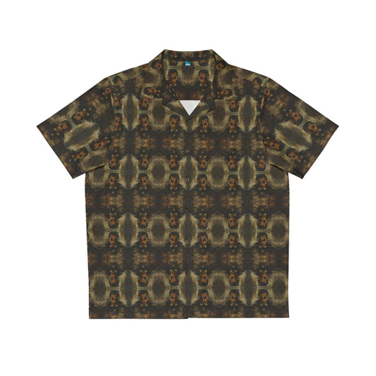 "Dracula" men's Hawaiian shirt with master of vampires graphic in monster aloha pattern; front view; flat lay.
