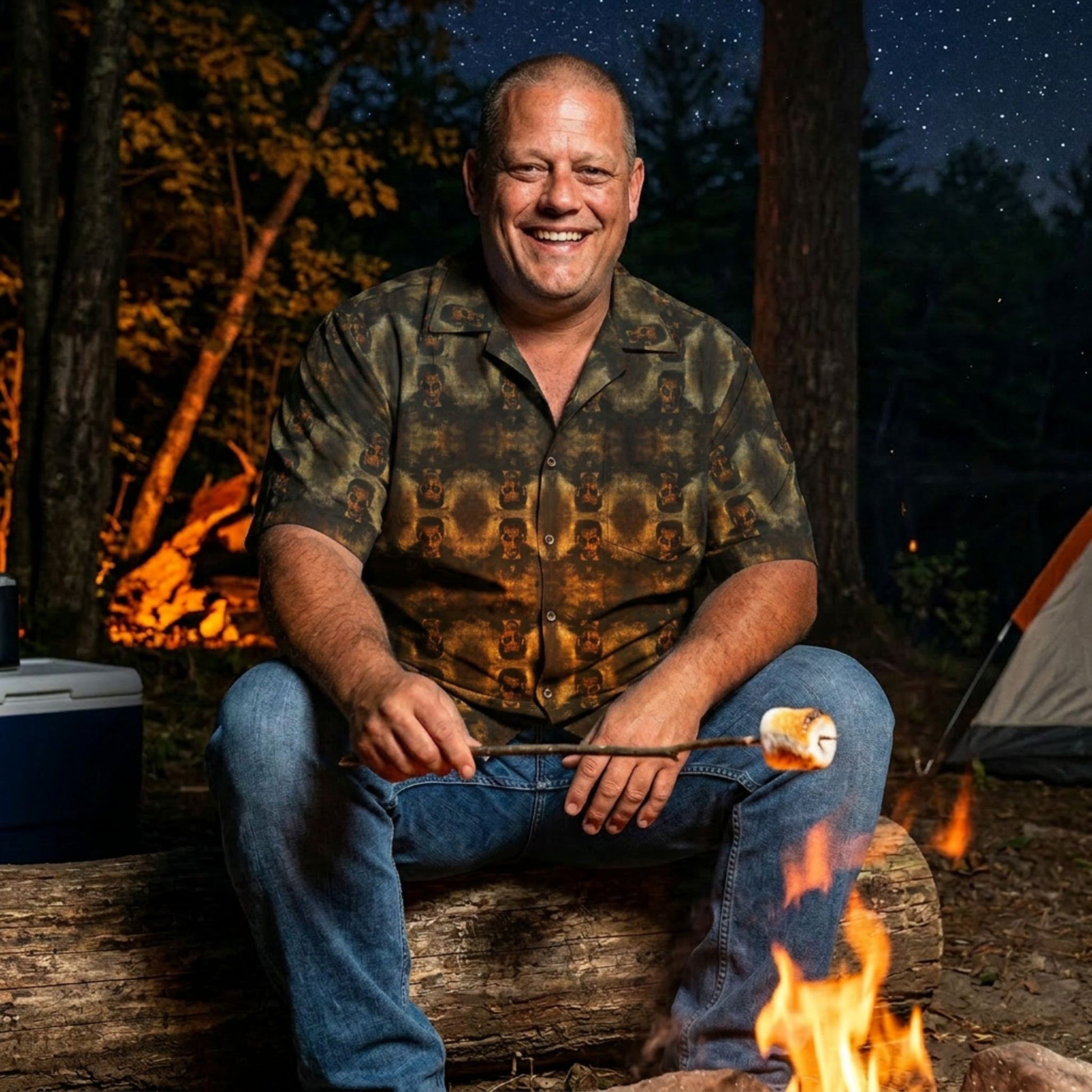 "Dracula" men’s Hawaiian shirt with master of vampires graphic in monster aloha pattern; on model roasting a marshmallow over a campfire at night.
