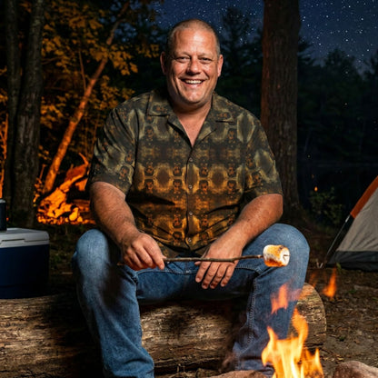 "Dracula" men’s Hawaiian shirt with master of vampires graphic in monster aloha pattern; on model roasting a marshmallow over a campfire at night.
