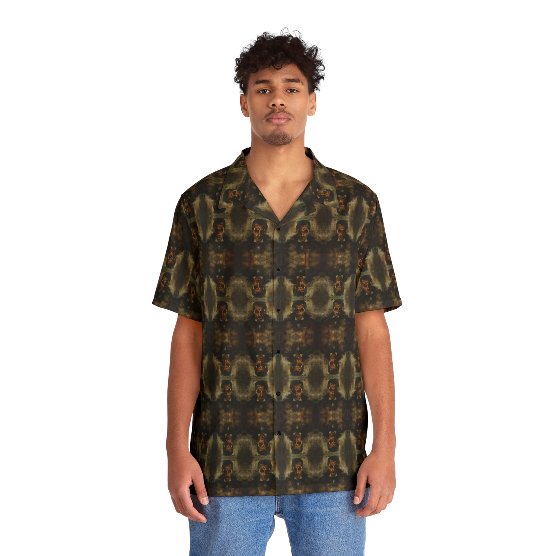"Dracula" men’s Hawaiian shirt with master of vampires graphic in monster aloha pattern; front view; on model.
