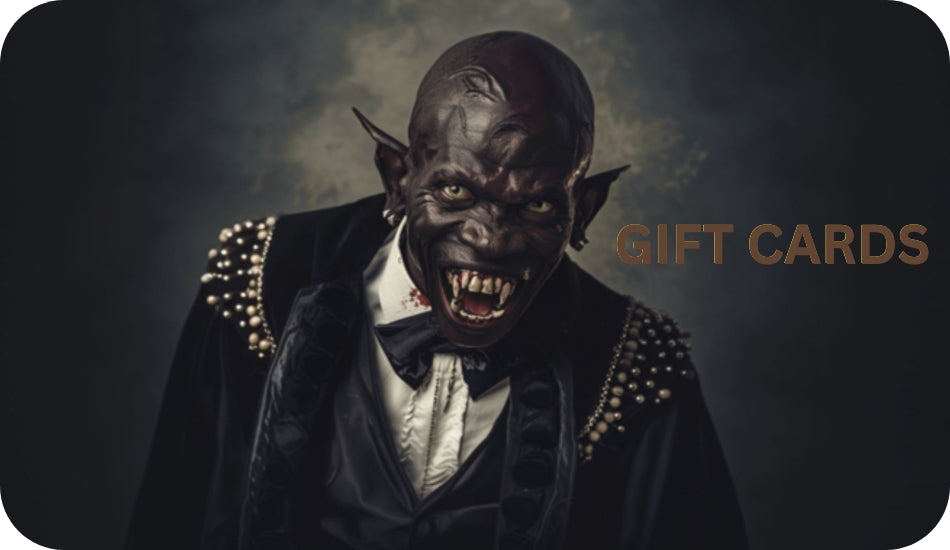 Bald black vampire suit and cape snarling with 'Gift Cards' text on a dark background