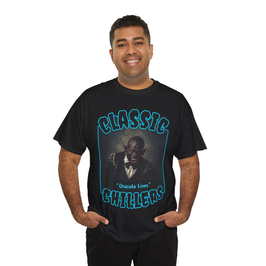 "Dracula Lives" black t-shirt with snarling black vampire graphic and classic chillers logo; front view; on model.
