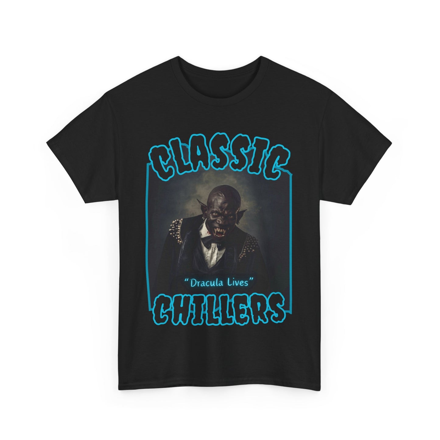 "Dracula Lives" black t-shirt with snarling black vampire graphic and classic chillers logo; front view; flat lay.
