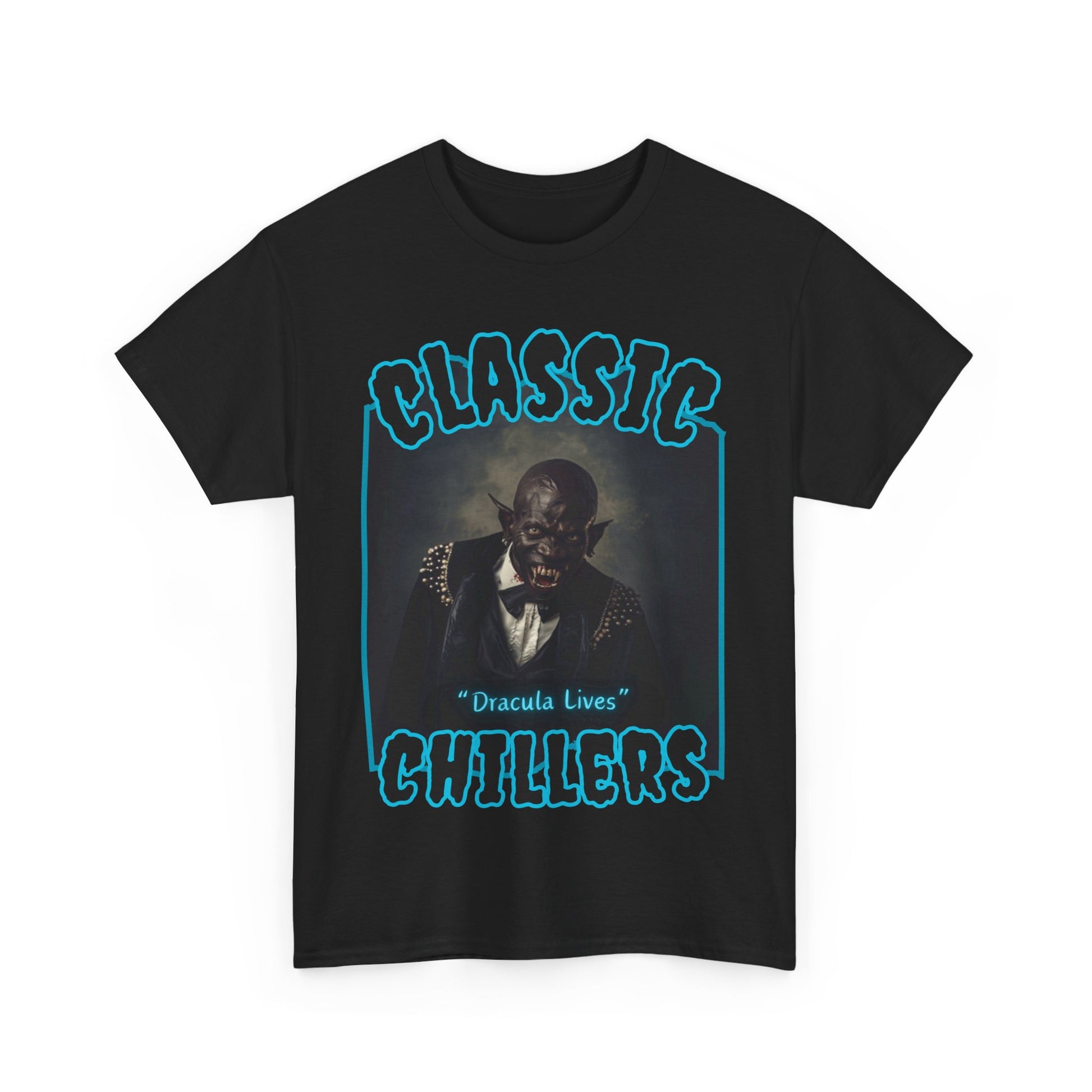 "Dracula Lives" black t-shirt with snarling black vampire graphic and classic chillers logo; front view; flat lay.
