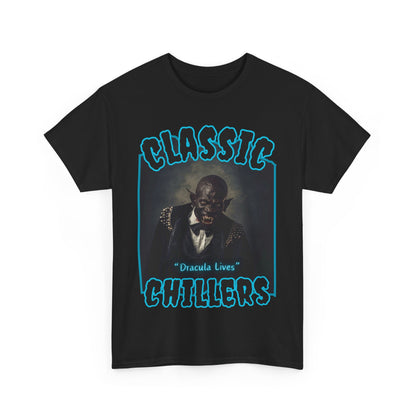 "Dracula Lives" black t-shirt with snarling black vampire graphic and classic chillers logo; front view; flat lay.
