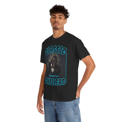 "Dracula Lives" black t-shirt with snarling black vampire graphic and classic chillers logo; three-quarter view; on model.

