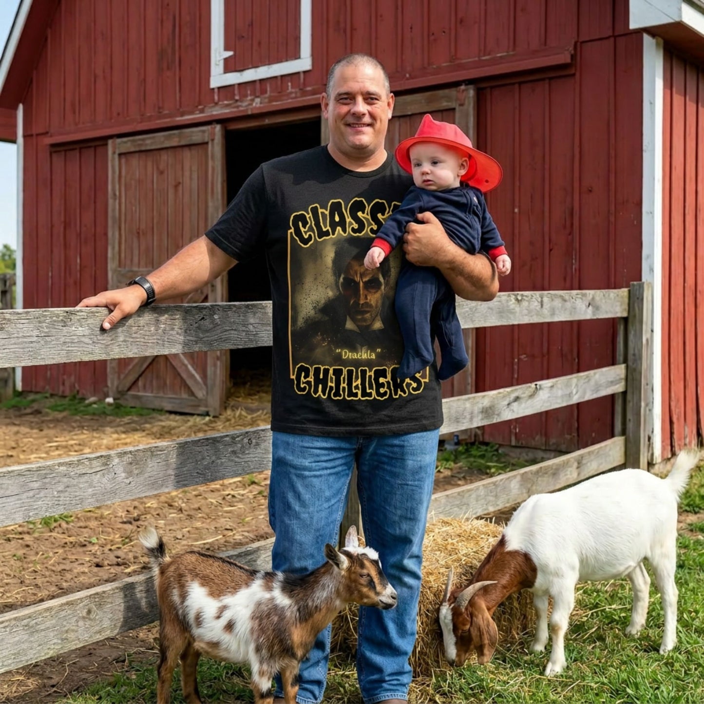 "Dracula" black t-shirt with gothic master of vampires graphic and classic chillers logo; front view; on model with baby and goats in front of red barn.
