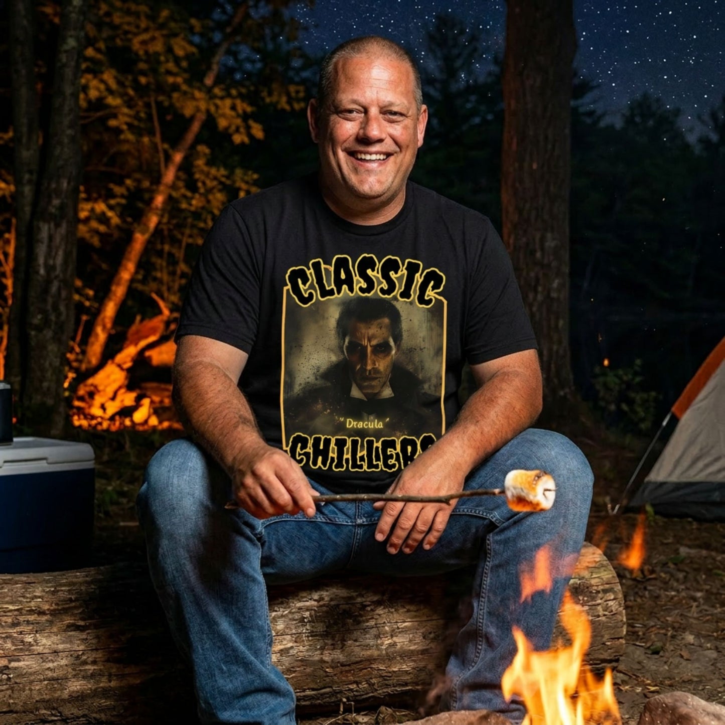 "Dracula" black t-shirt with gothic master of vampires graphic and classic chillers logo; front view; on model roasting a marshmallow over a campfire at night.
