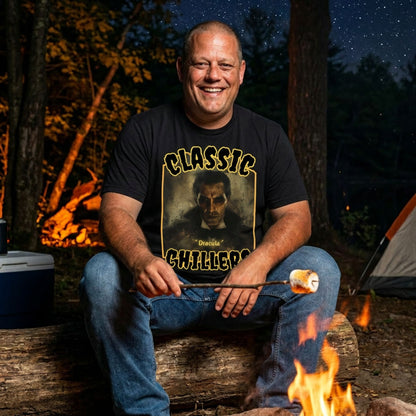 "Dracula" black t-shirt with gothic master of vampires graphic and classic chillers logo; front view; on model roasting a marshmallow over a campfire at night.
